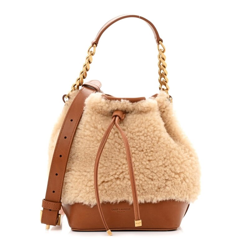 SAINT LAURENT SAINT LAURENT BEIGE LAMBSKIN SHEARLING EMMANUELLE BUCKET BAG