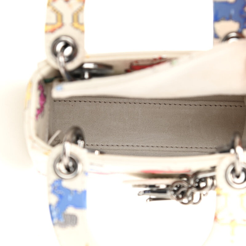 CHRISTIAN DIOR DIOR SMOOTH WHITE CALFSKIN ZODIAC PIXEL PRINTED MICRO LADY DIOR