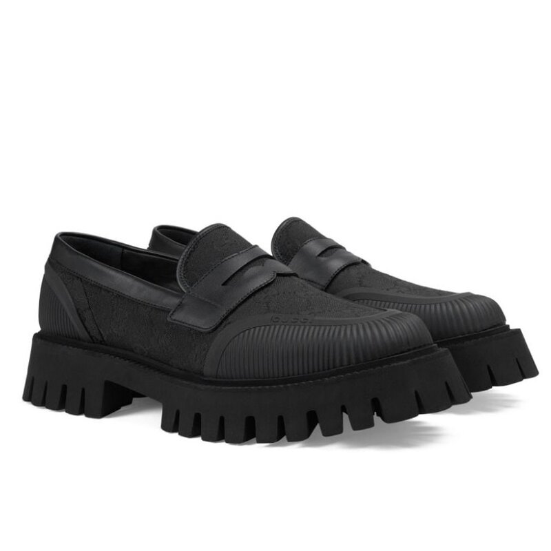 GUCCI GUCCI JUMBO GG JACQUARD BLACK CANVAS CHUNKY LOAFERS