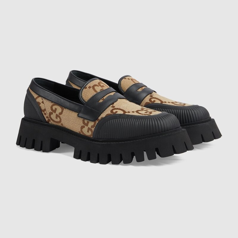 GUCCI GUCCI JUMBO GG JACQUARD CAMEL CANVAS CHUNKY LOAFERS