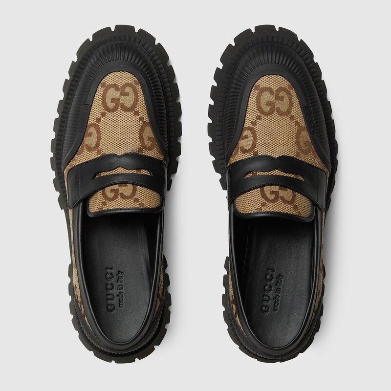GUCCI GUCCI JUMBO GG JACQUARD CAMEL CANVAS CHUNKY LOAFERS