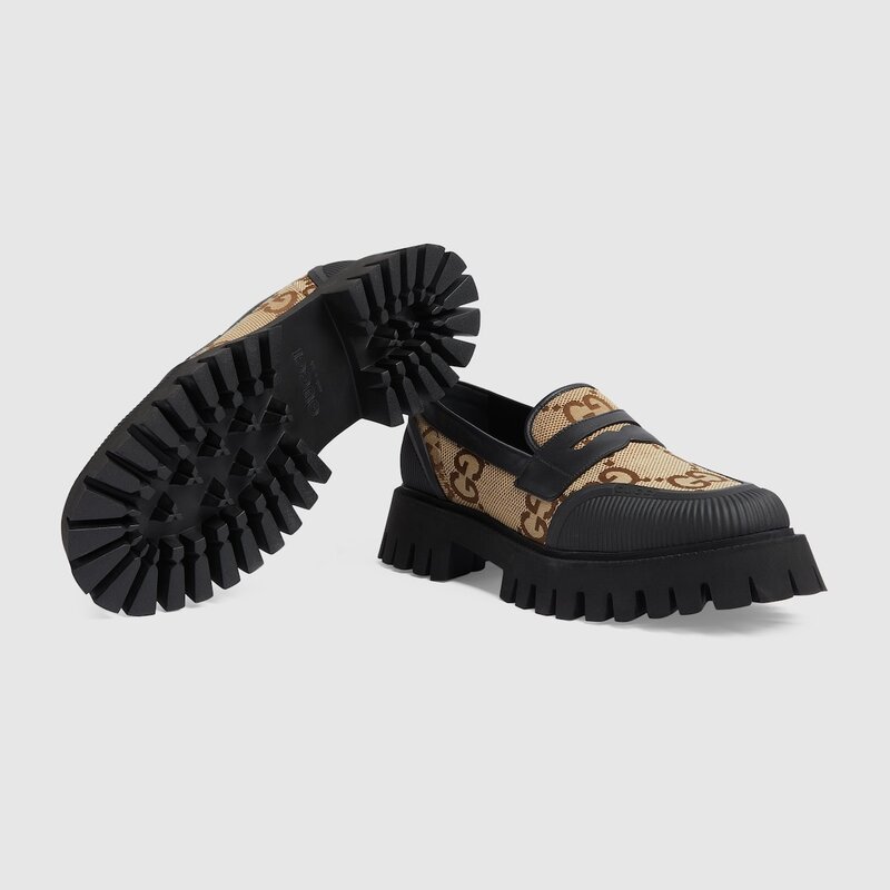 GUCCI GUCCI JUMBO GG JACQUARD CAMEL CANVAS CHUNKY LOAFERS