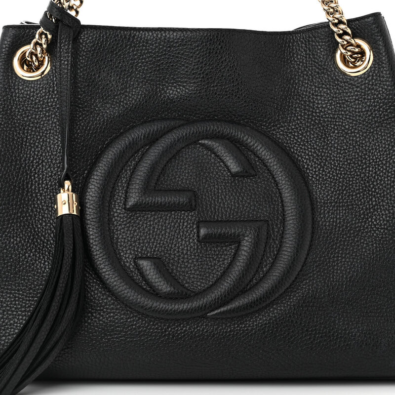 GUCCI GUCCI PEBBLED CALFSKIN BLACK SOHO CHAIN SHOULDER BAG MEDIUM