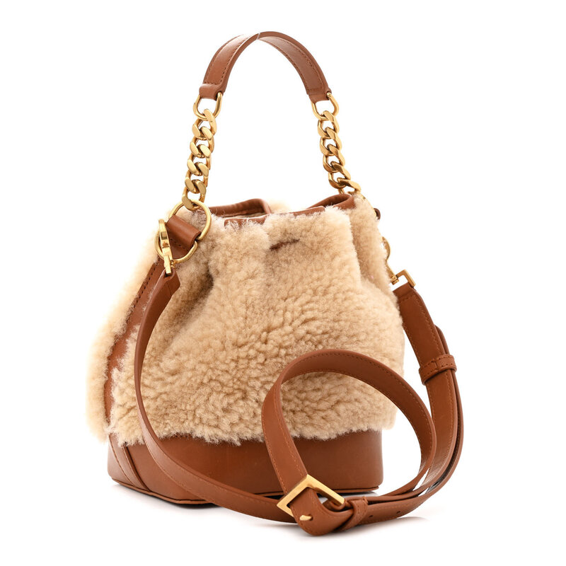 SAINT LAURENT SAINT LAURENT BEIGE LAMBSKIN SHEARLING EMMANUELLE BUCKET BAG