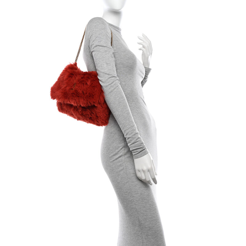 SAINT LAURENT SAINT LAURENT SUEDE FUR ROUGE REVERSIBLE MONOGRAM KATE BAG SMALL