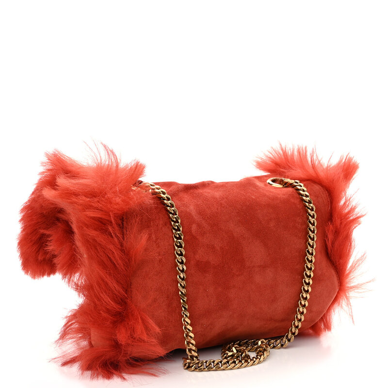 SAINT LAURENT SAINT LAURENT SUEDE FUR ROUGE REVERSIBLE MONOGRAM KATE BAG SMALL