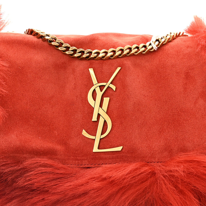 SAINT LAURENT SAINT LAURENT SUEDE FUR ROUGE REVERSIBLE MONOGRAM KATE BAG SMALL