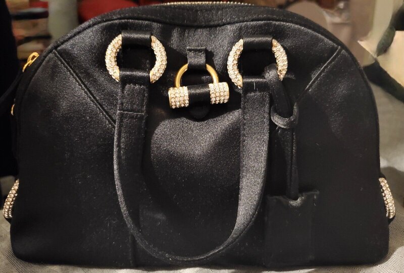 YVES SAINT LAURENT YVES SAINT LAURENT BLACK SILK SATIN CRYSTAL MUSE EVENING BAG MINI