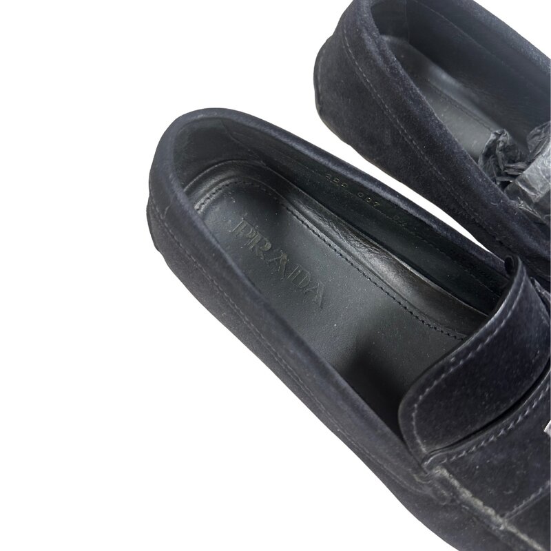 PRADA PRADA 2DD007 BLACK SUEDE LOGO LOAFERS (US 8.5)