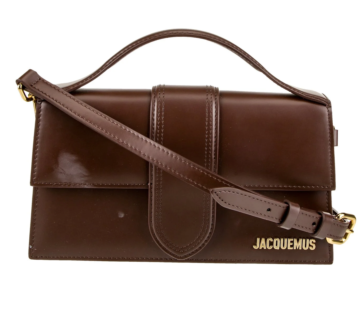 JACQUEMUS LE GRAND BAMBINO PATENT BROWN LEATHER SHOULDER BAG