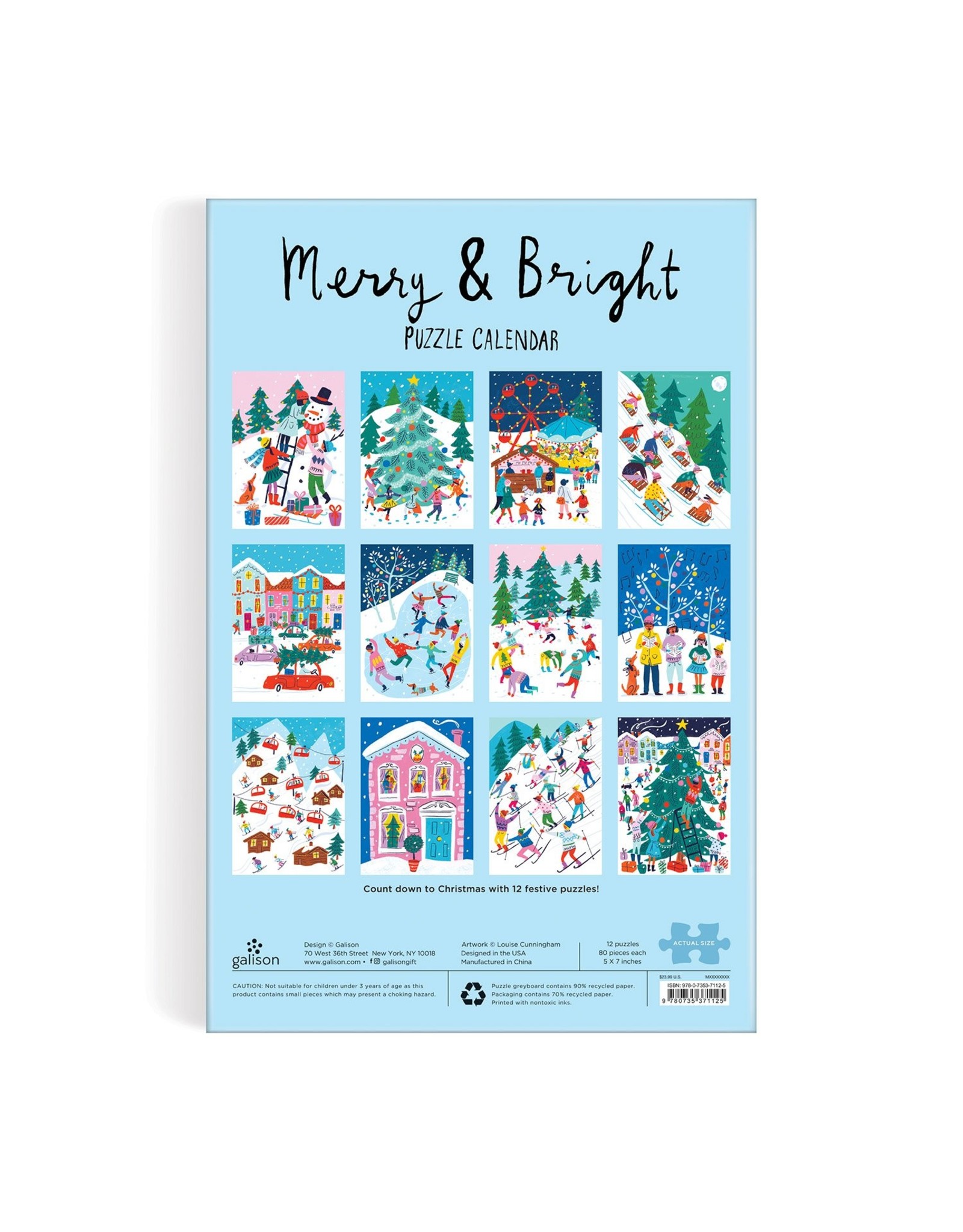 Galison Louise Cunningham Merry and Bright 12 Days of Christmas Advent Puzzle Calendar