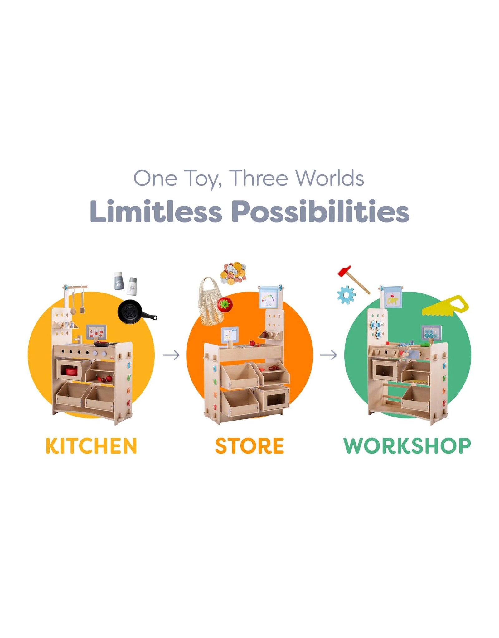 HABA Creative Play 3 in 1 – Play Kitchen, Store & Workshop