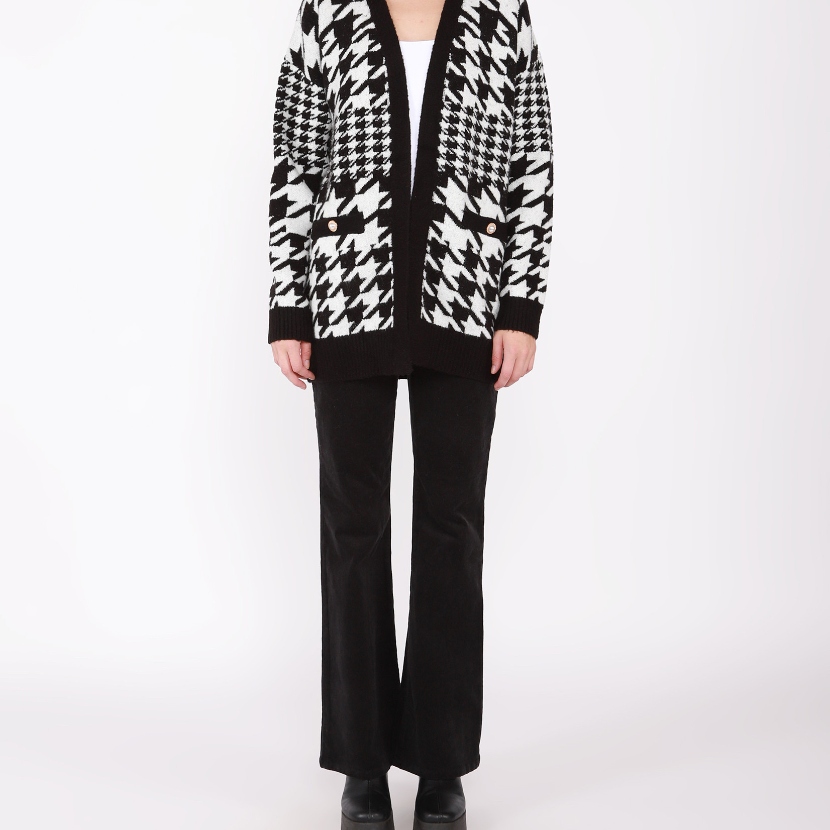 Black Tape Open Front Houndstooth Cardigan
