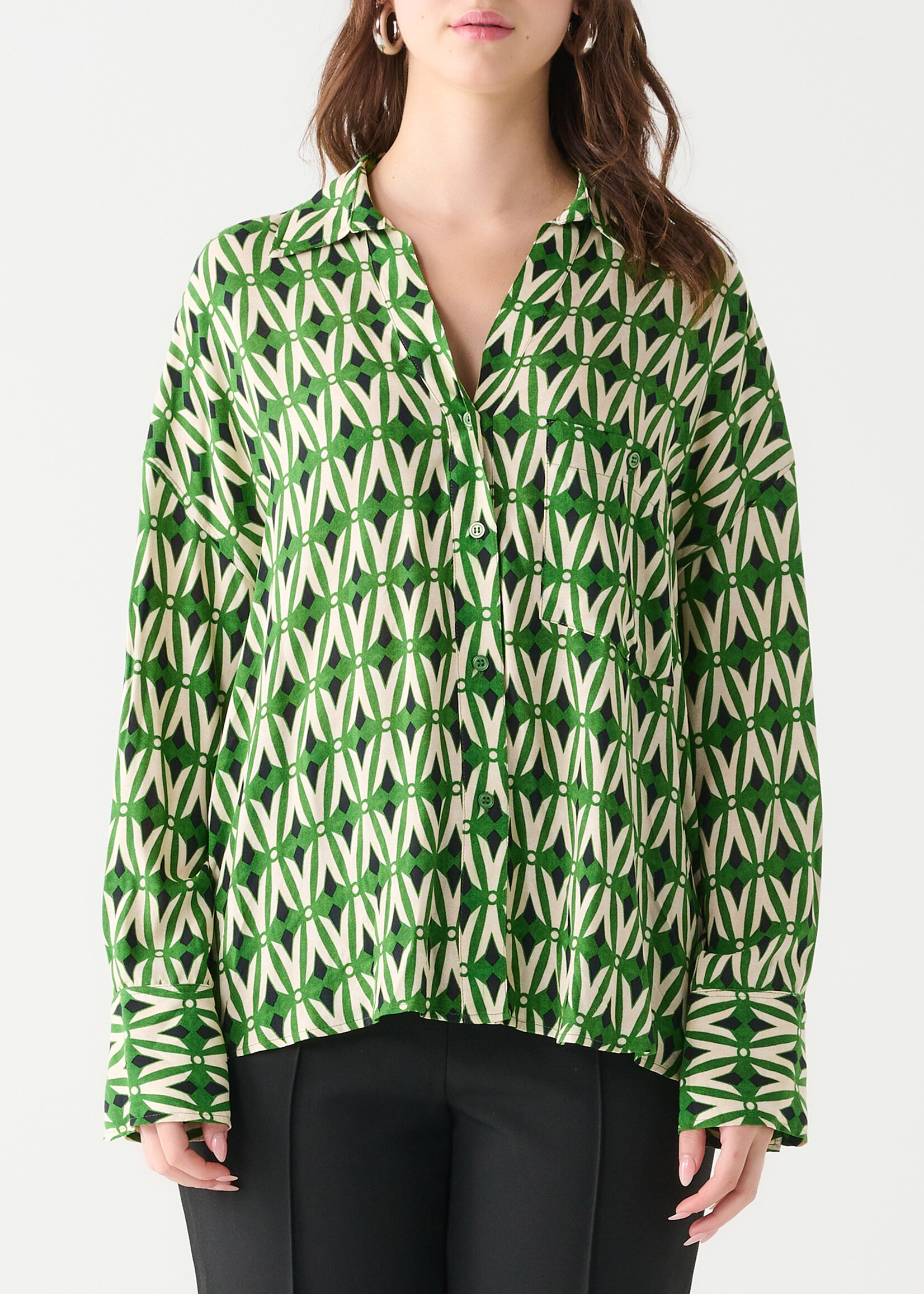 Black Tape Long Sleeve Geo-print Blouse