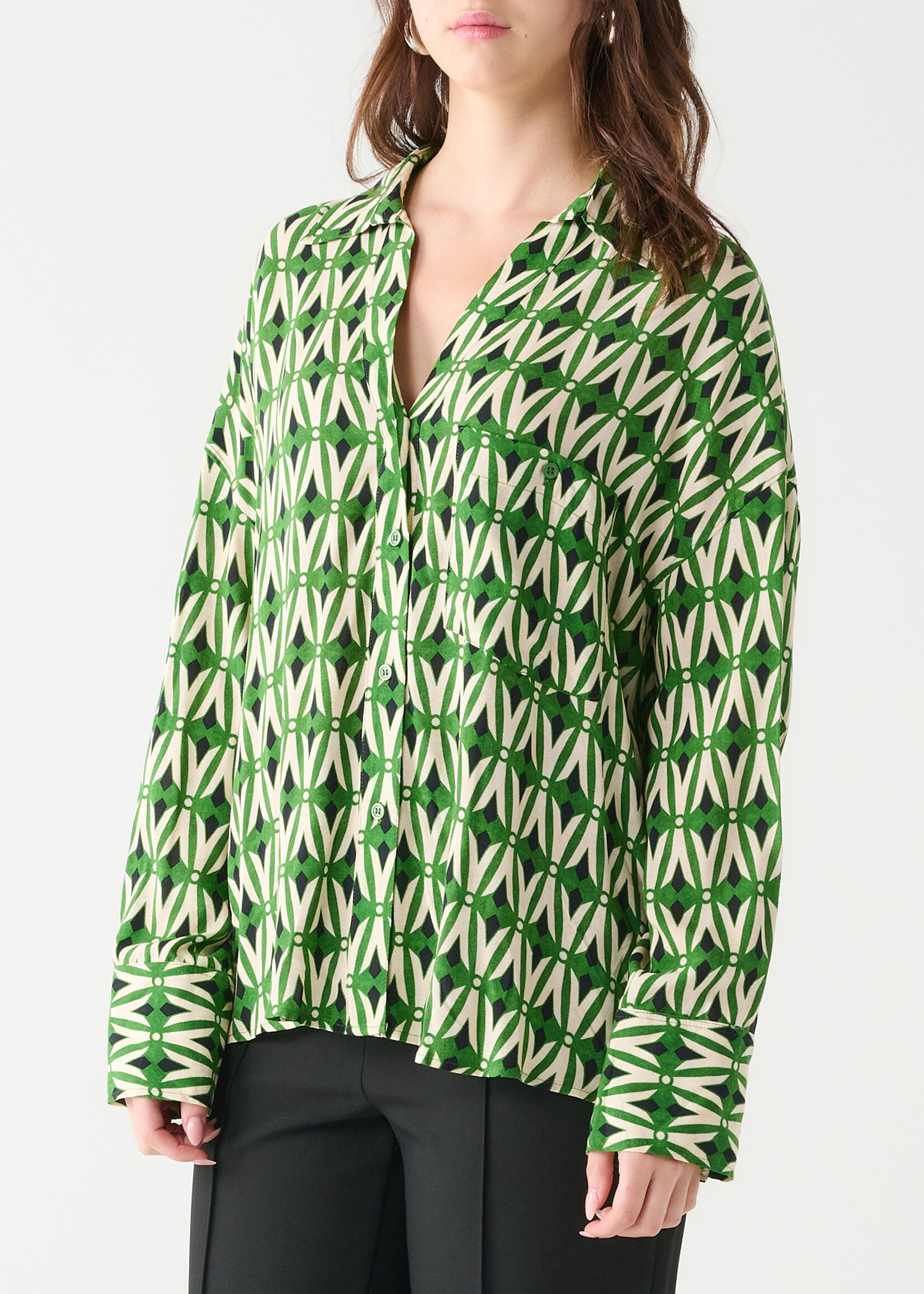 Black Tape Long Sleeve Geo-print Blouse