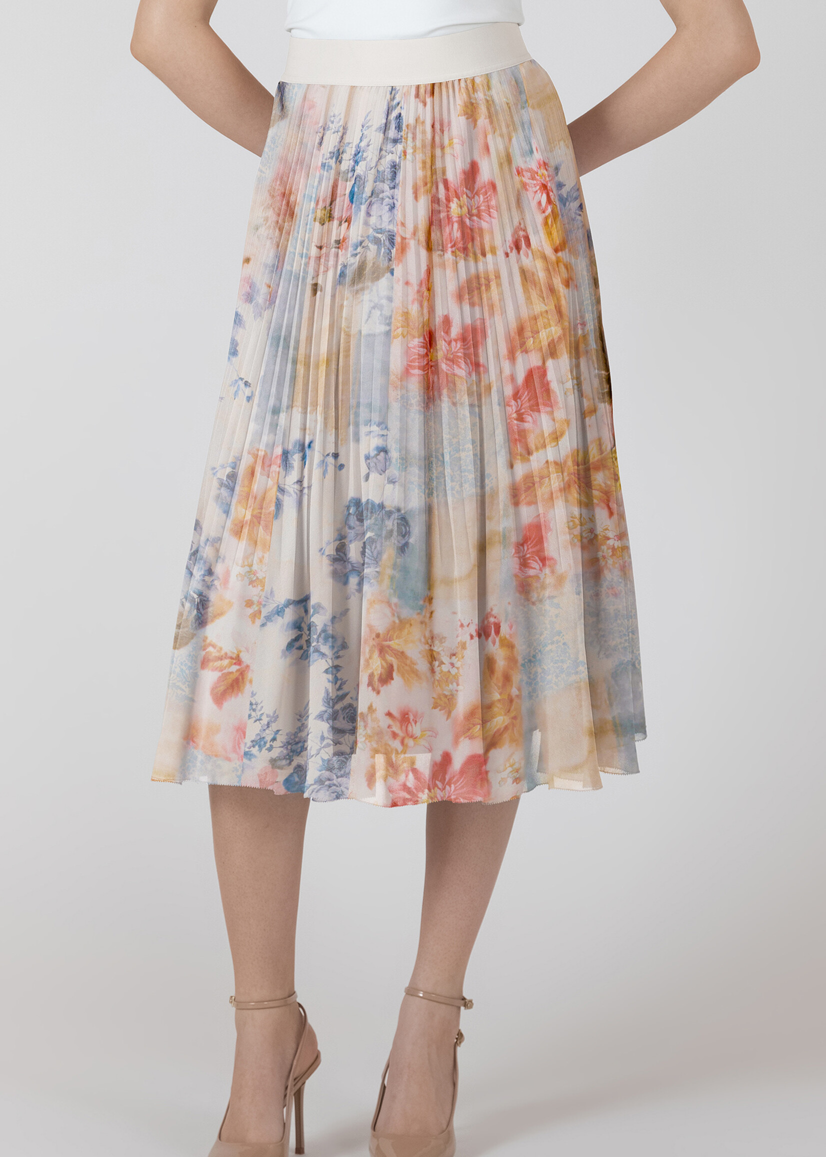 Abstract Floral Pleated Midi-Skirt