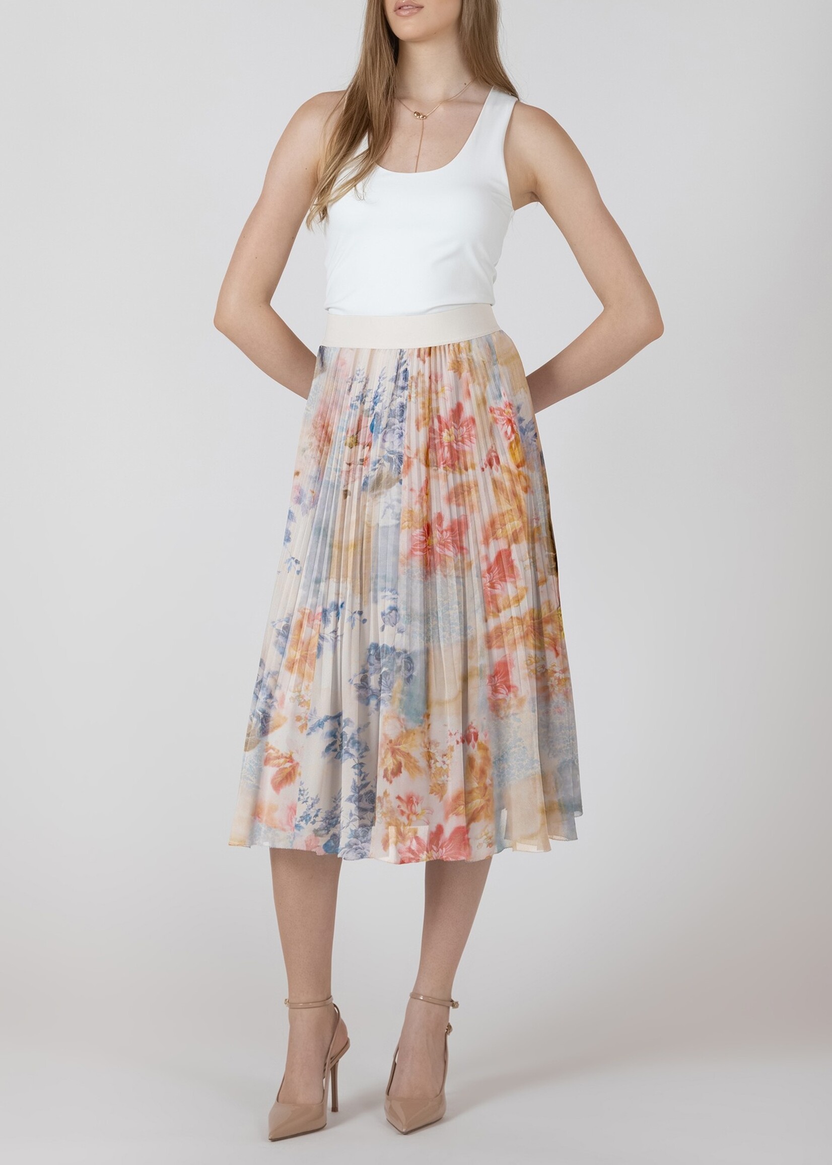 Abstract Floral Pleated Midi-Skirt
