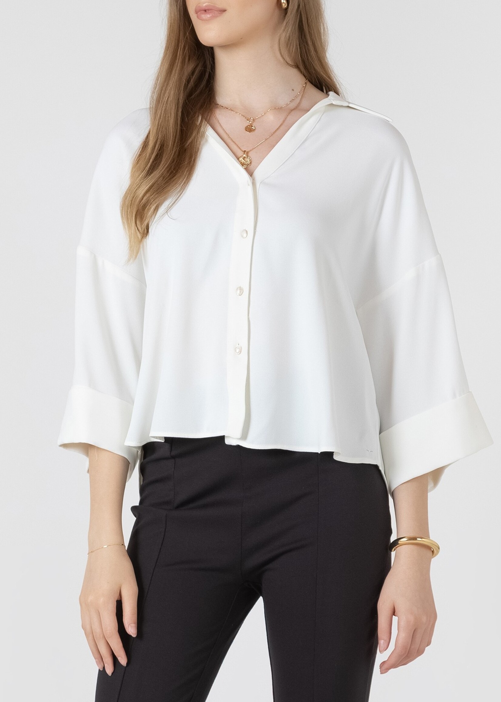 Black Tape Cuffed Button Front Blouse