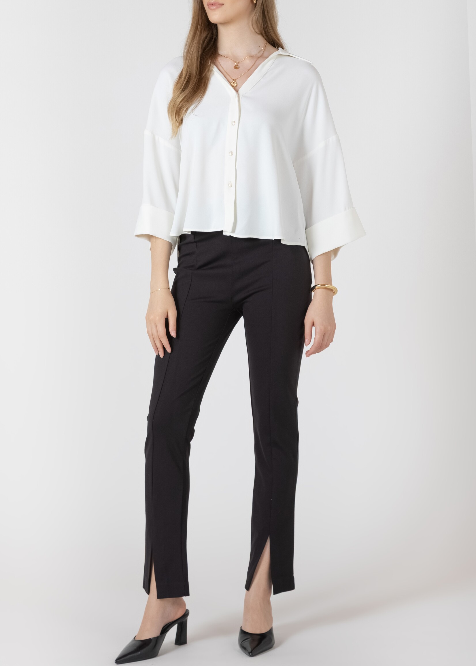 Black Tape Cuffed Button Front Blouse