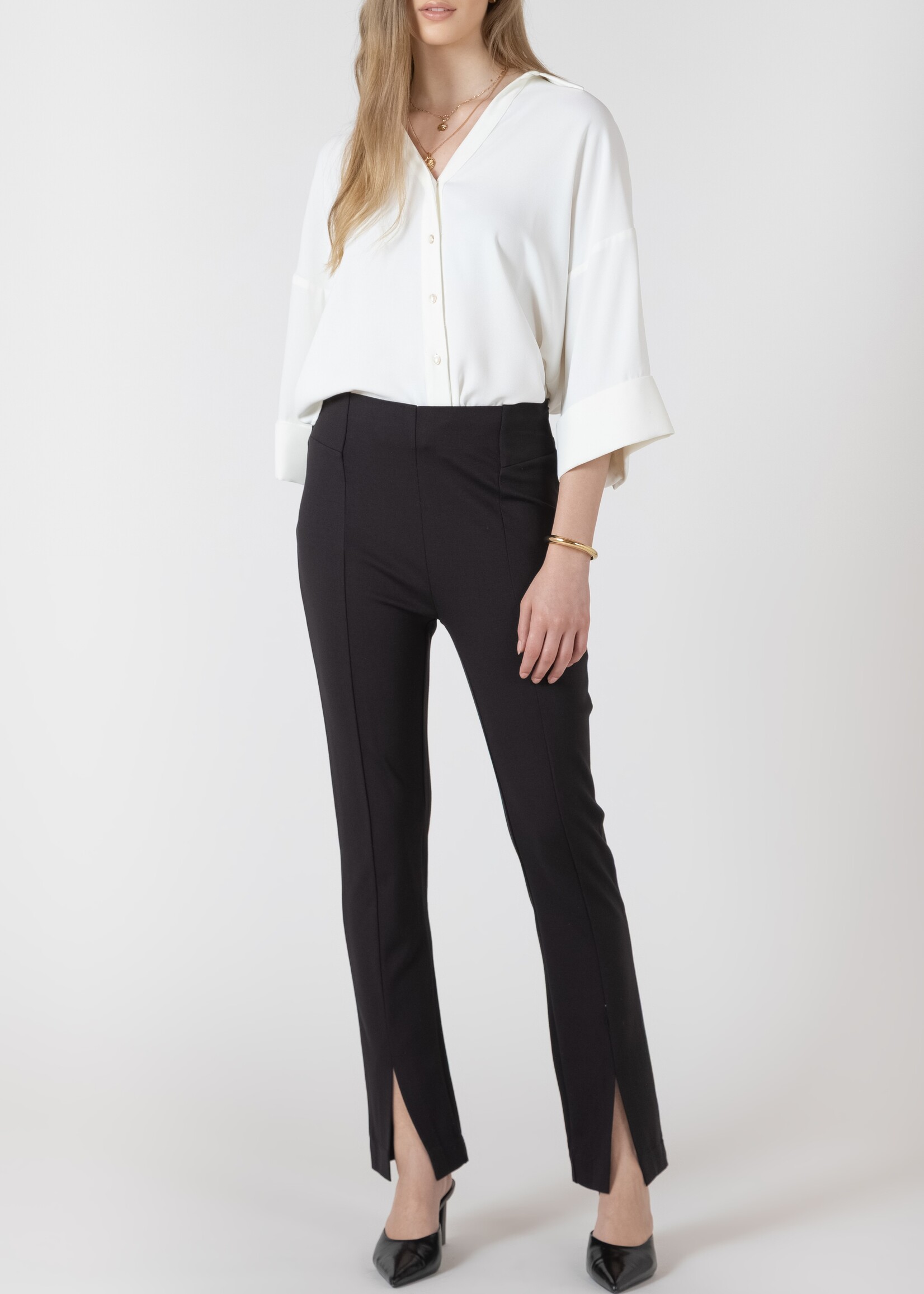 Black Tape Cuffed Button Front Blouse