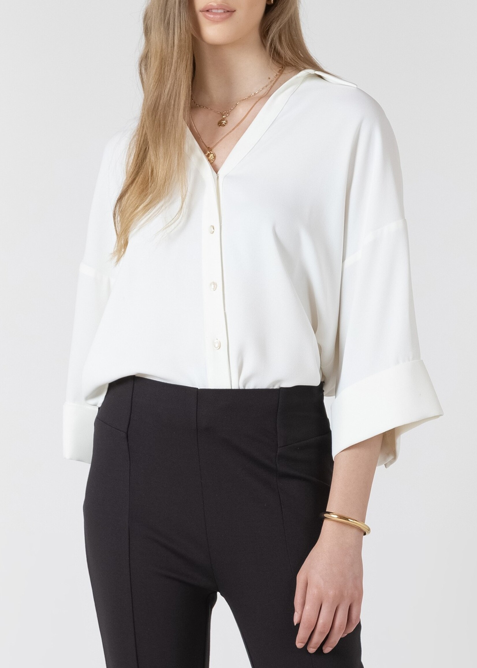 Black Tape Cuffed Button Front Blouse