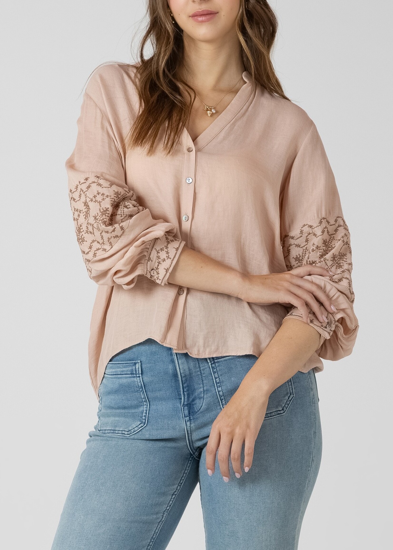 Dex Embroidered Button Front Blouse