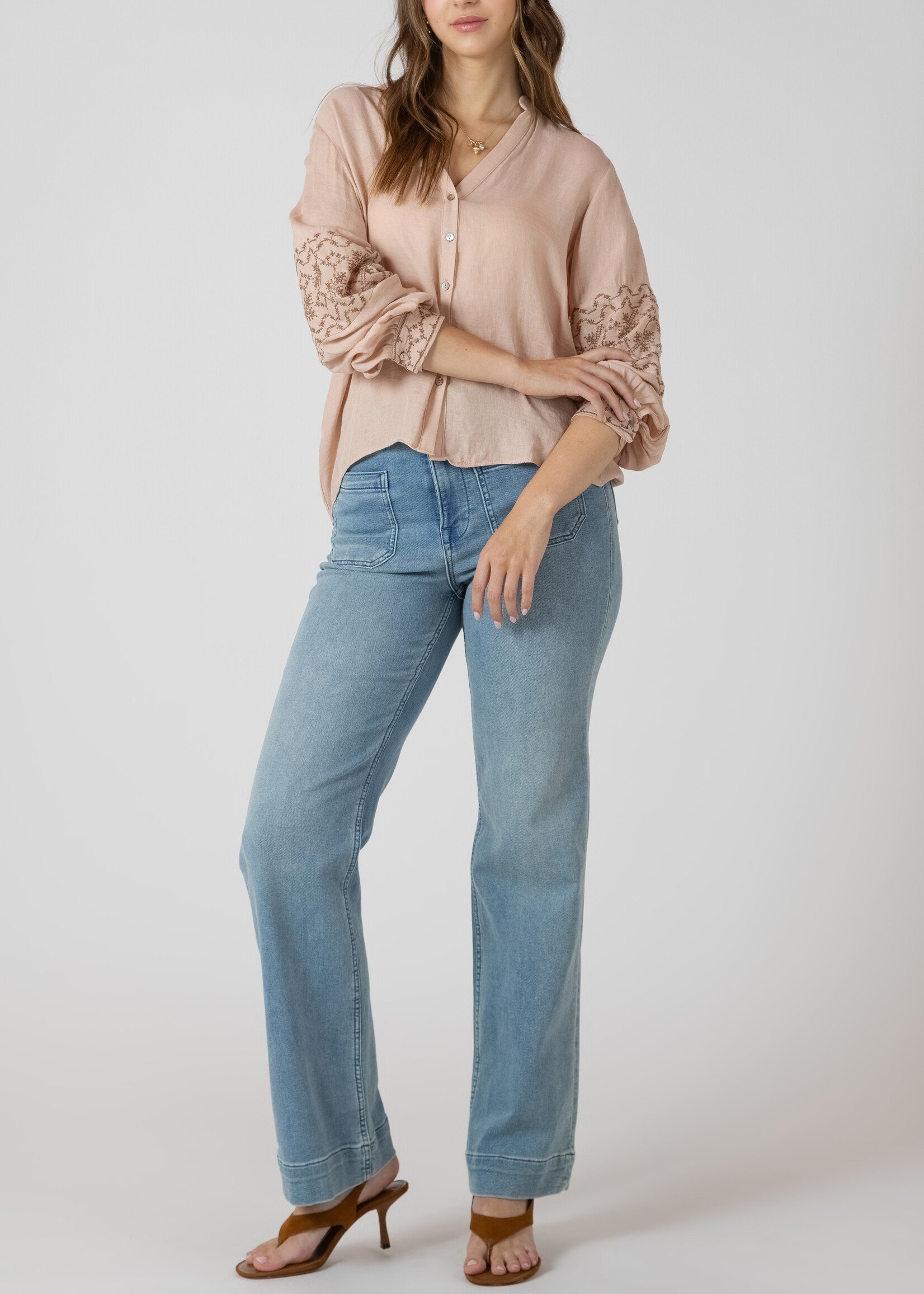 Dex Embroidered Button Front Blouse