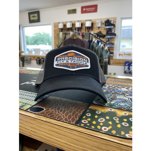 Precision Fly Fishing Precision Blue White Fly Patch Black/Grey Trucker Hat Precision Fly Fishing Precision Blue White Fly Patch Black/Grey Trucker Hat