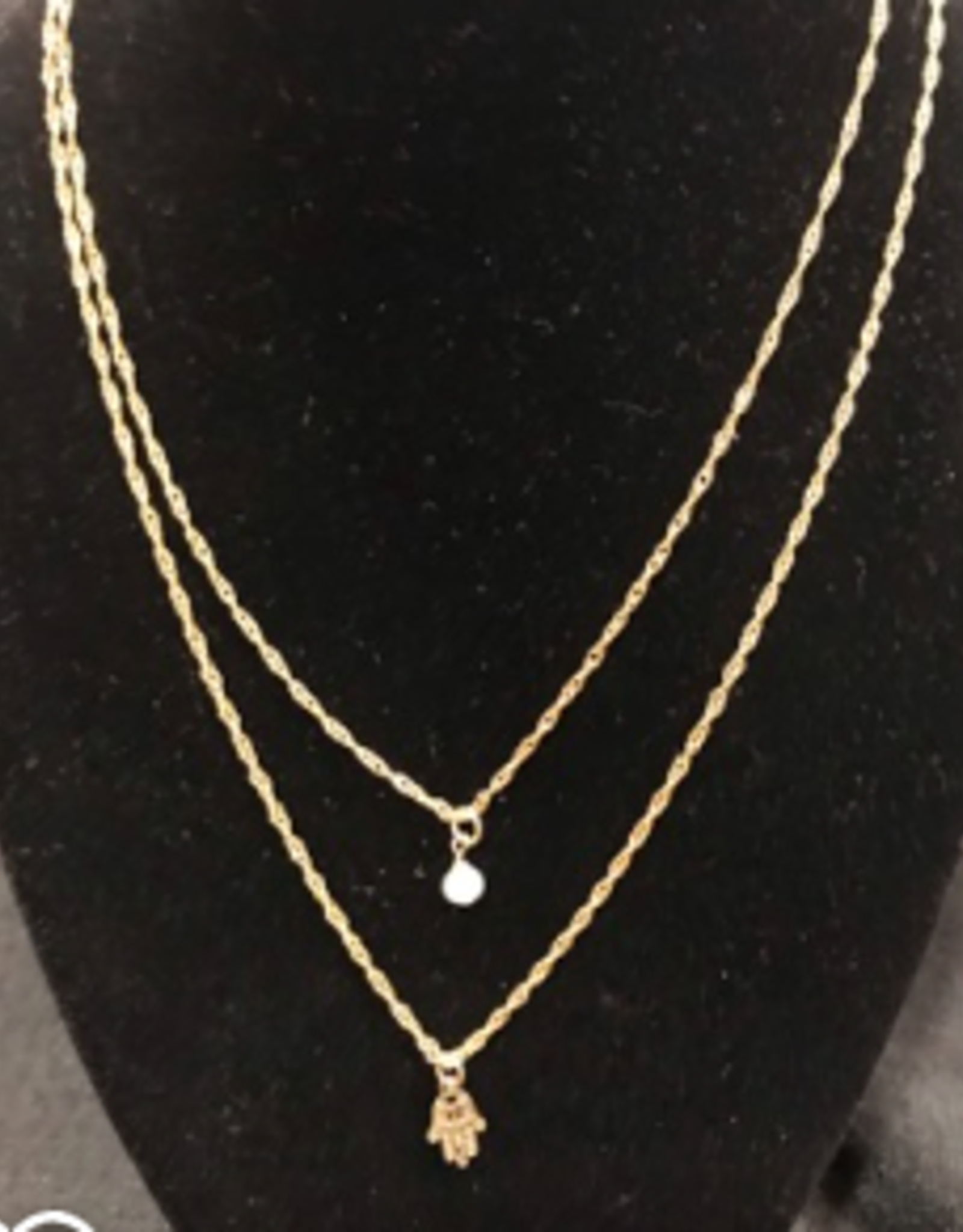 Necklace, 24GP Double Chain w/Hamsa and Pearl