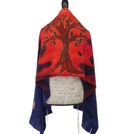 Tallit, Tree of Life, silk, Red/Blue w/bag