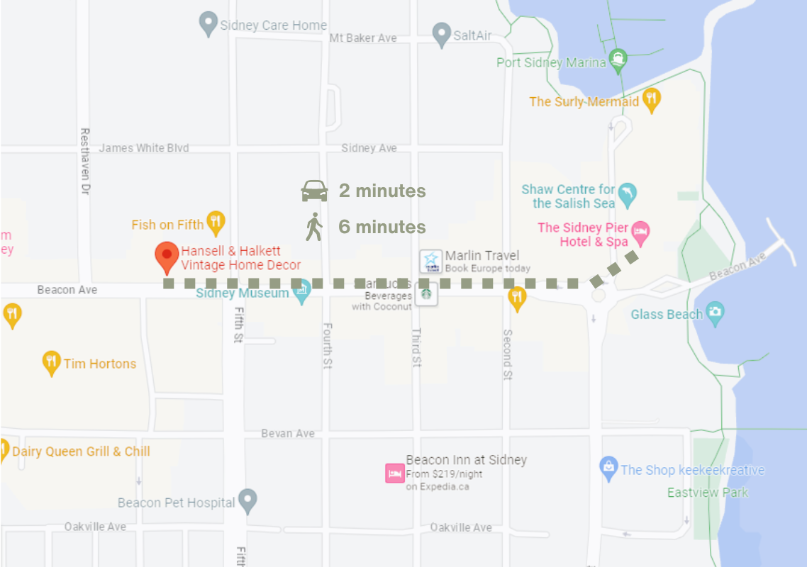Map shows directions from Hansell and Halkett's store to the Sidney Pier Hotel. Walk 6 minutes East along Beacon Avenue and take the third exit on the roundabout. The hotel is on the North East corner of Beacon Avenue and Seaport Place.