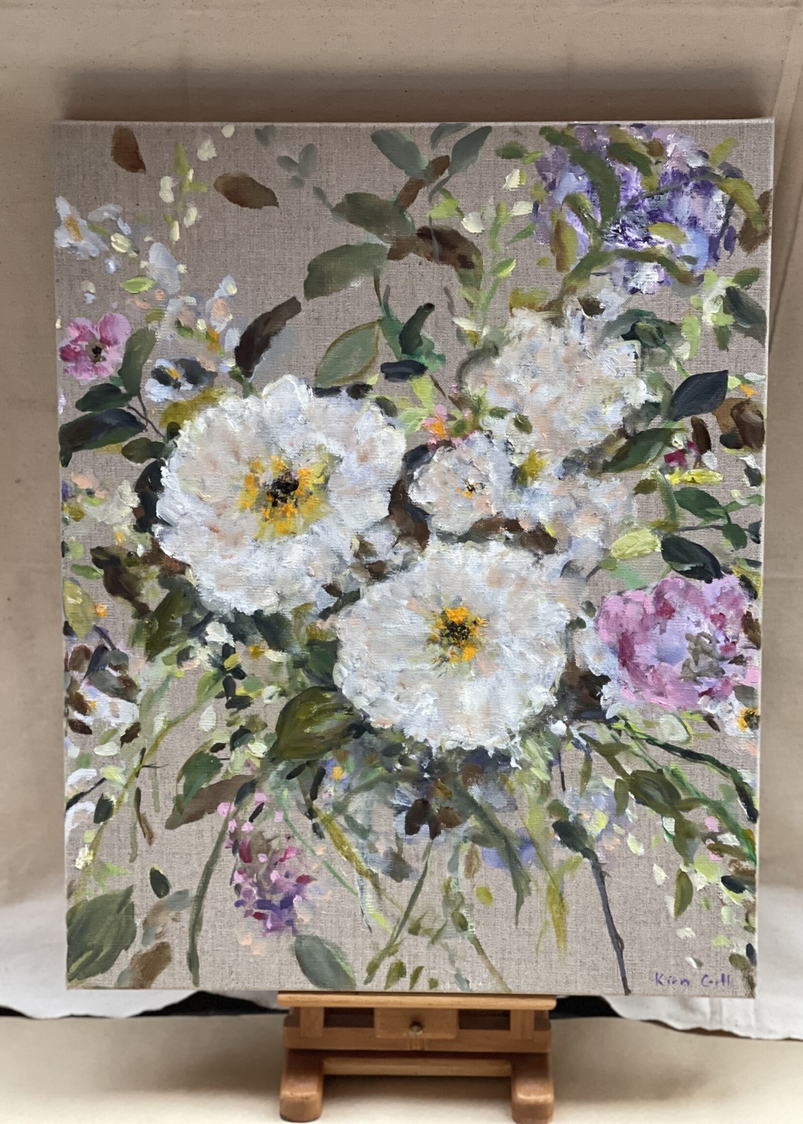 Kirn Gill,  Flowers on Linen, Oil Painting 16 x 20