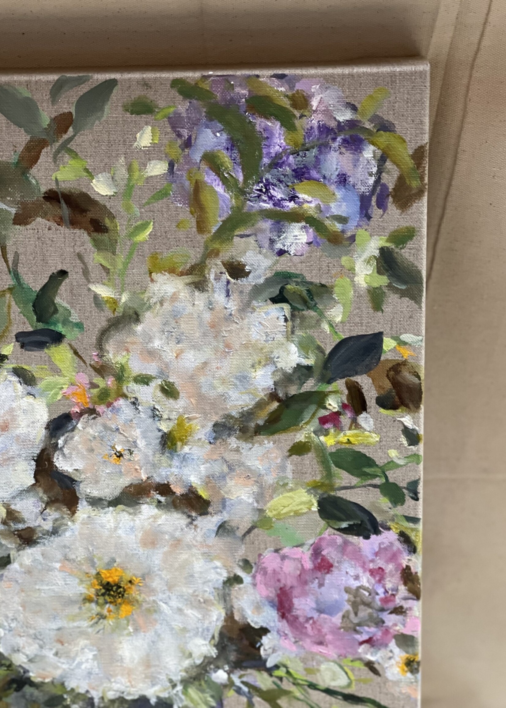 Kirn Gill,  Flowers on Linen, Oil Painting 16 x 20