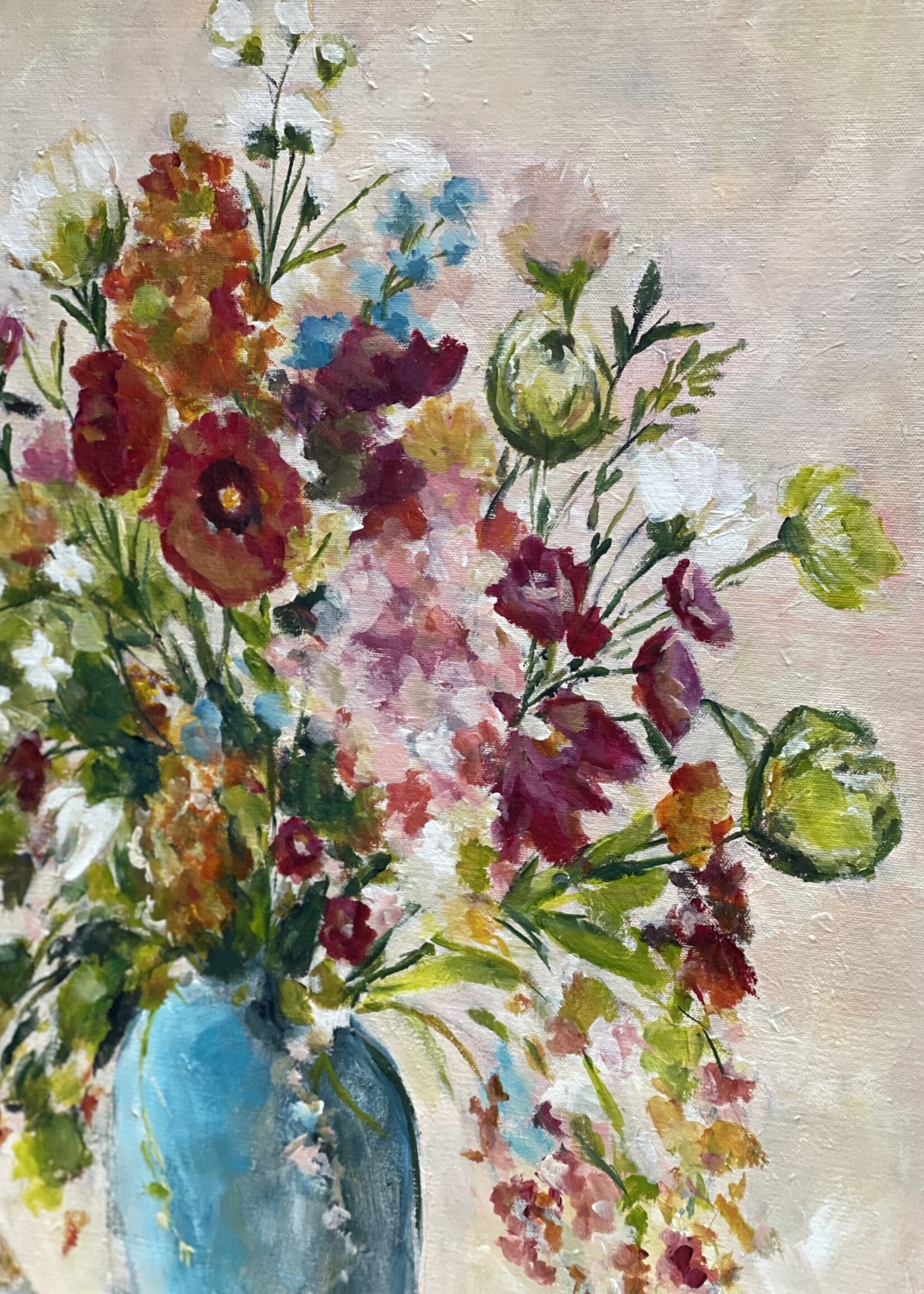 Coral Barclay, Wild Bouquet in Blue Vase 18 x 24, original acrylic, framed