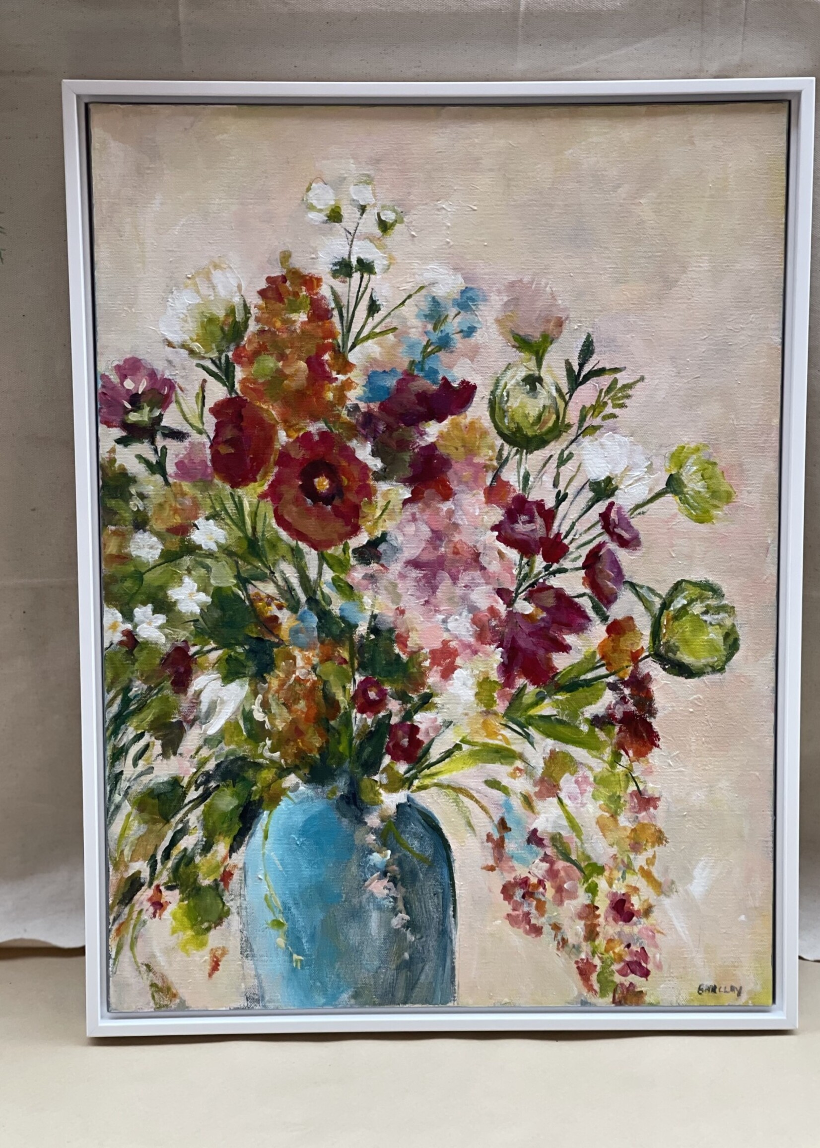 Coral Barclay, Wild Bouquet in Blue Vase 18 x 24, original acrylic, framed