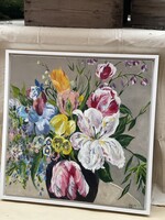 Coral Barclay, Bouquet with Dark Vase, original Acrylic, 24 x 24, framed