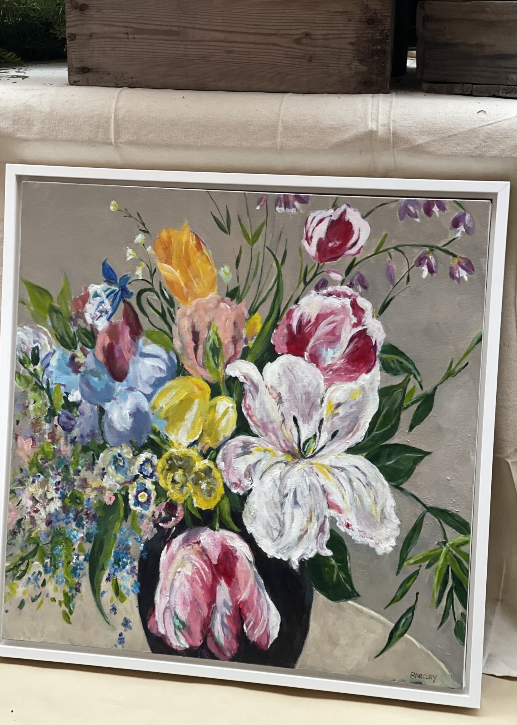 Coral Barclay, Bouquet with Dark Vase, original Acrylic, 24 x 24, framed