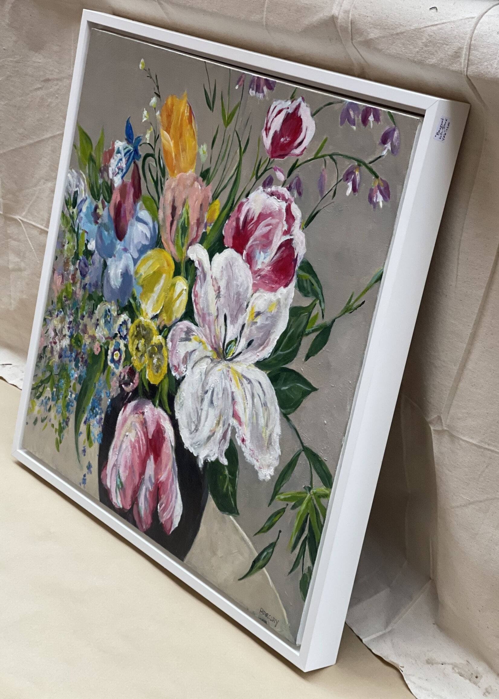 Coral Barclay, Bouquet with Dark Vase, original Acrylic, 24 x 24, framed