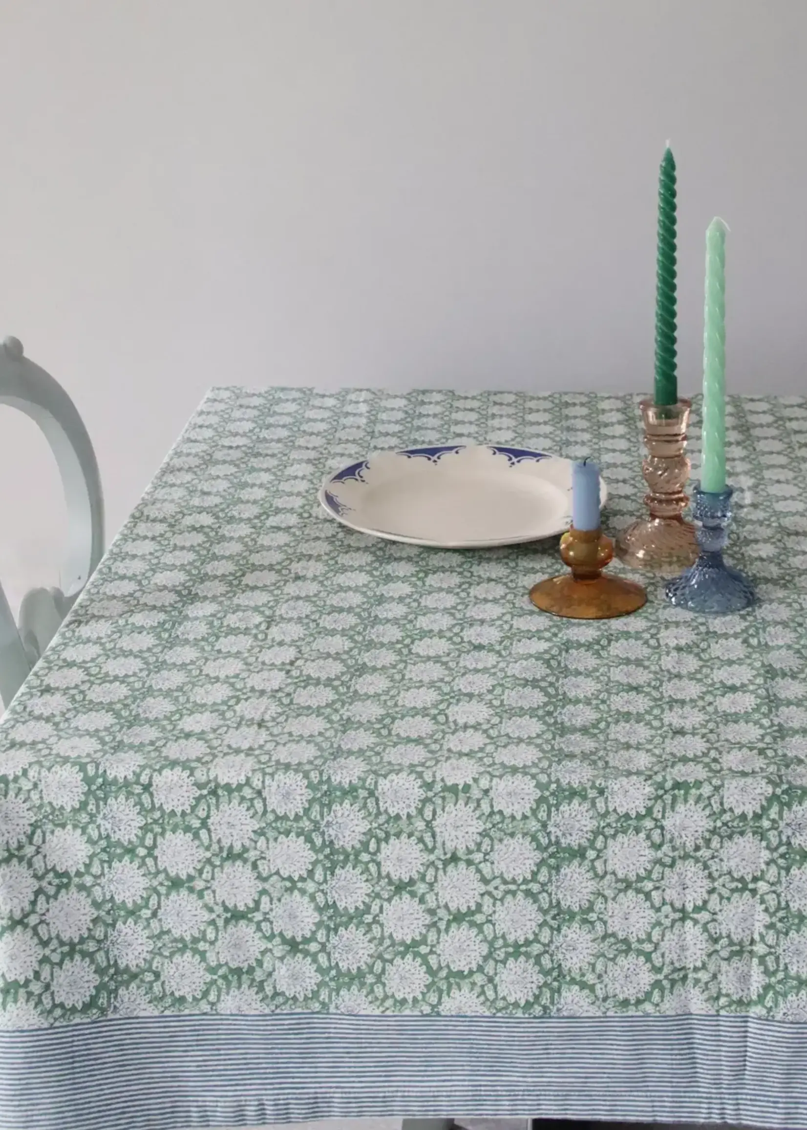 Rozablue Hand Block Printed Tablecloth, Breezy Green, 150cm x 150cm
