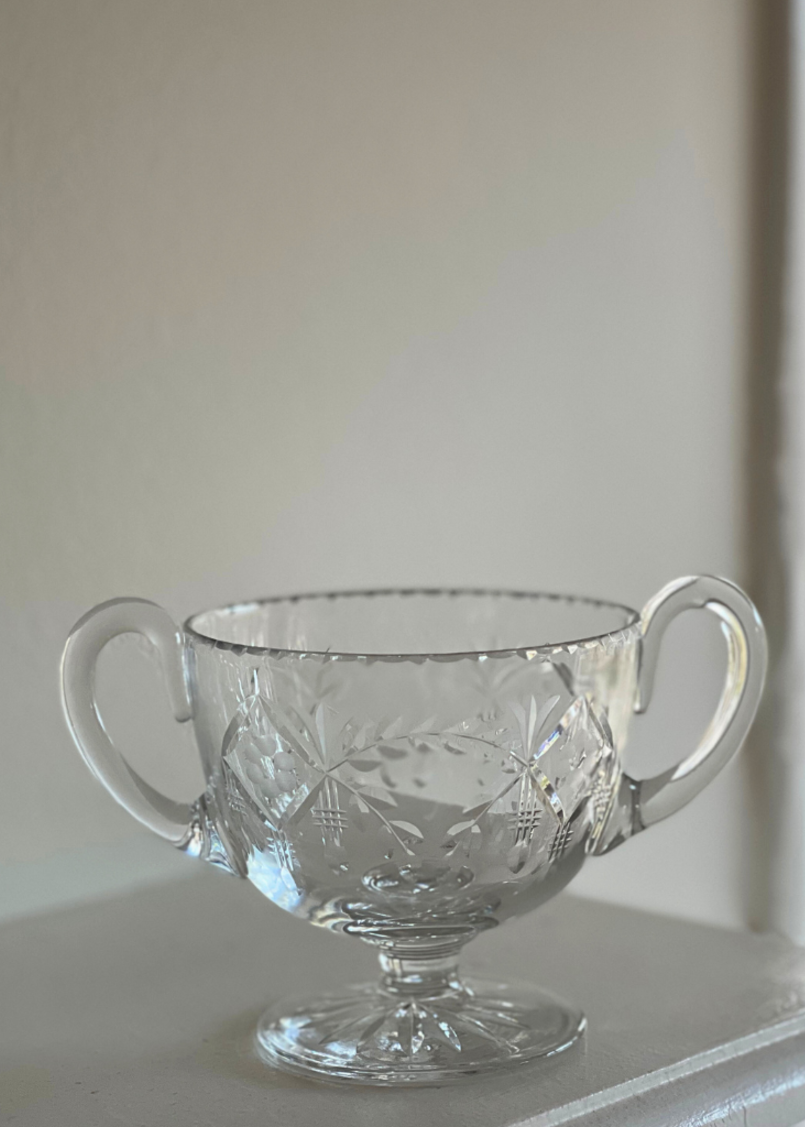Crystal Etched Two Handle Large Sugar Bowl 3.75" dia. x 3.5"h