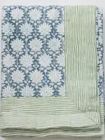 Rozablue Handblock printed table cloth, Breezy Blue, 150cmx240cm