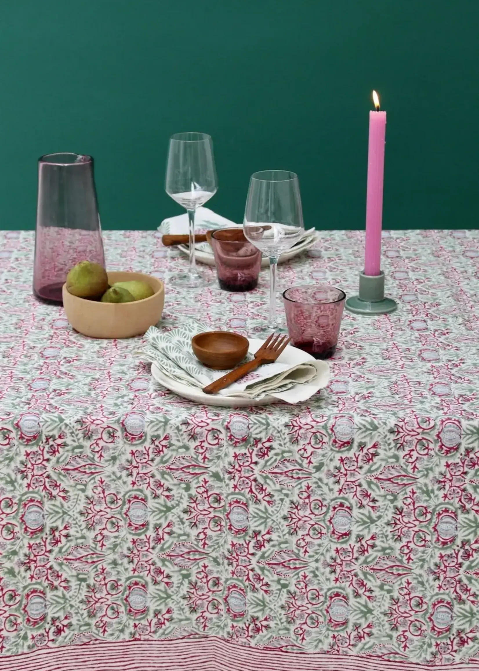 Rozablue Hand Block Printed Table Cloth, Fique Carmine, 160cm x 340cm XL