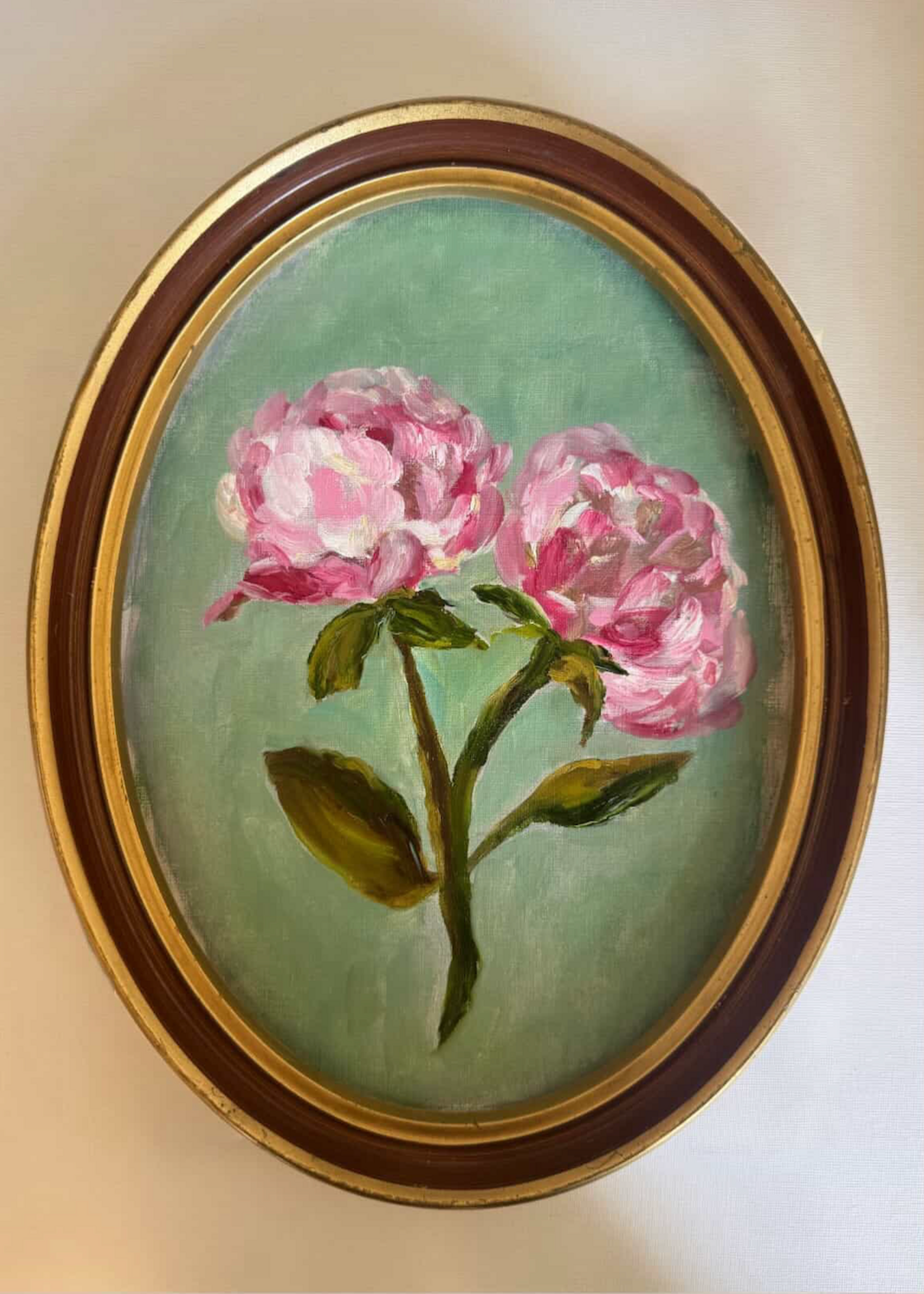 Kirn Gill Pink peonies, oval framed oil, Kirn Gill
