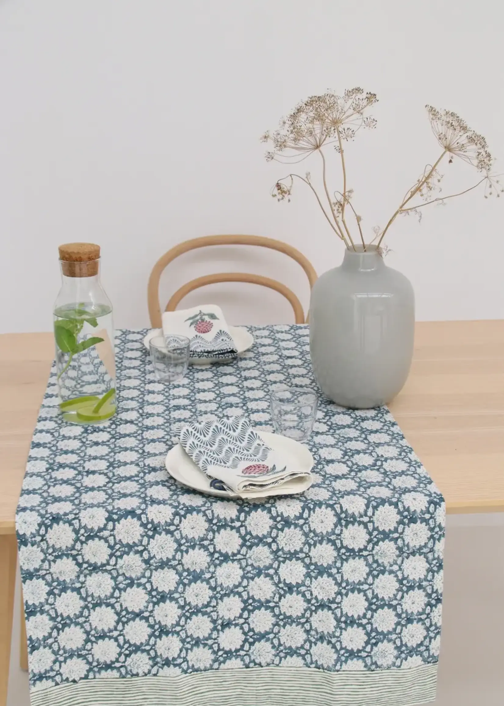 Rozablue Hand Block Printed Table Runner, 60cm x 180cm, Breezy Blue