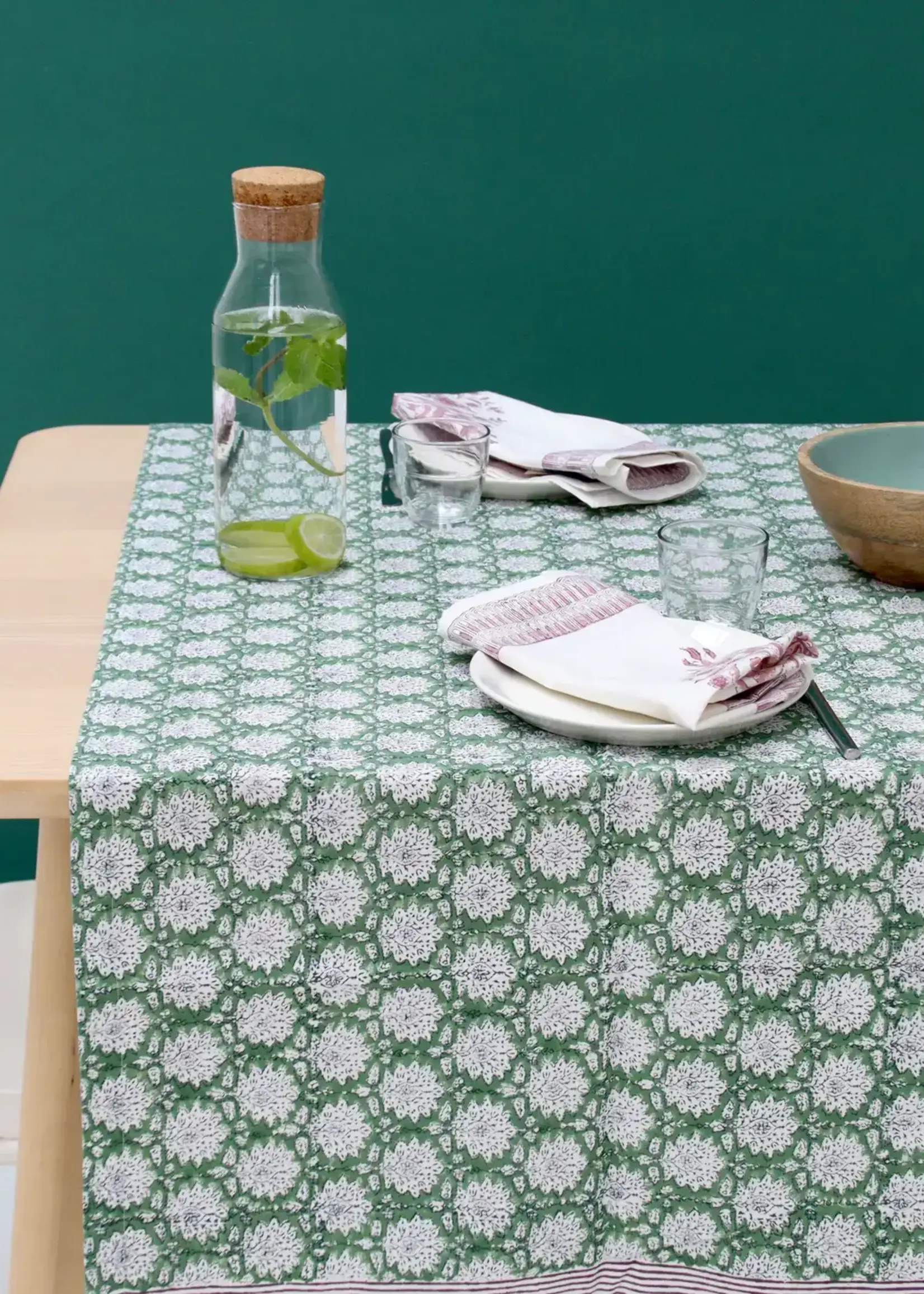 Rozablue Hand Block Printed Table Runner, 60cm x 180cm, Breezy Green