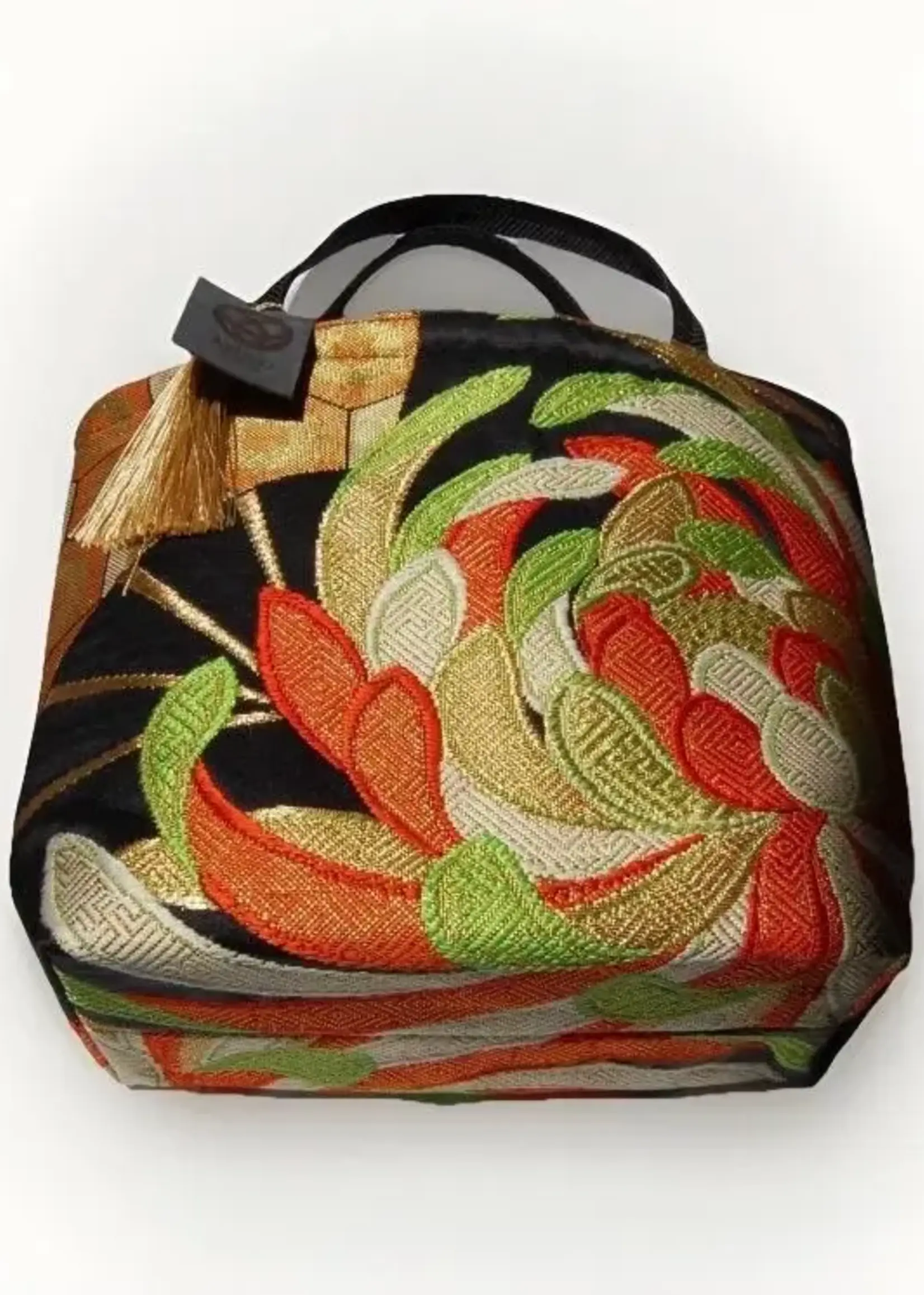 Ayuko Tokyo Handmade Vintage silk Obi tote, Chrysanthemum green, gold & orange