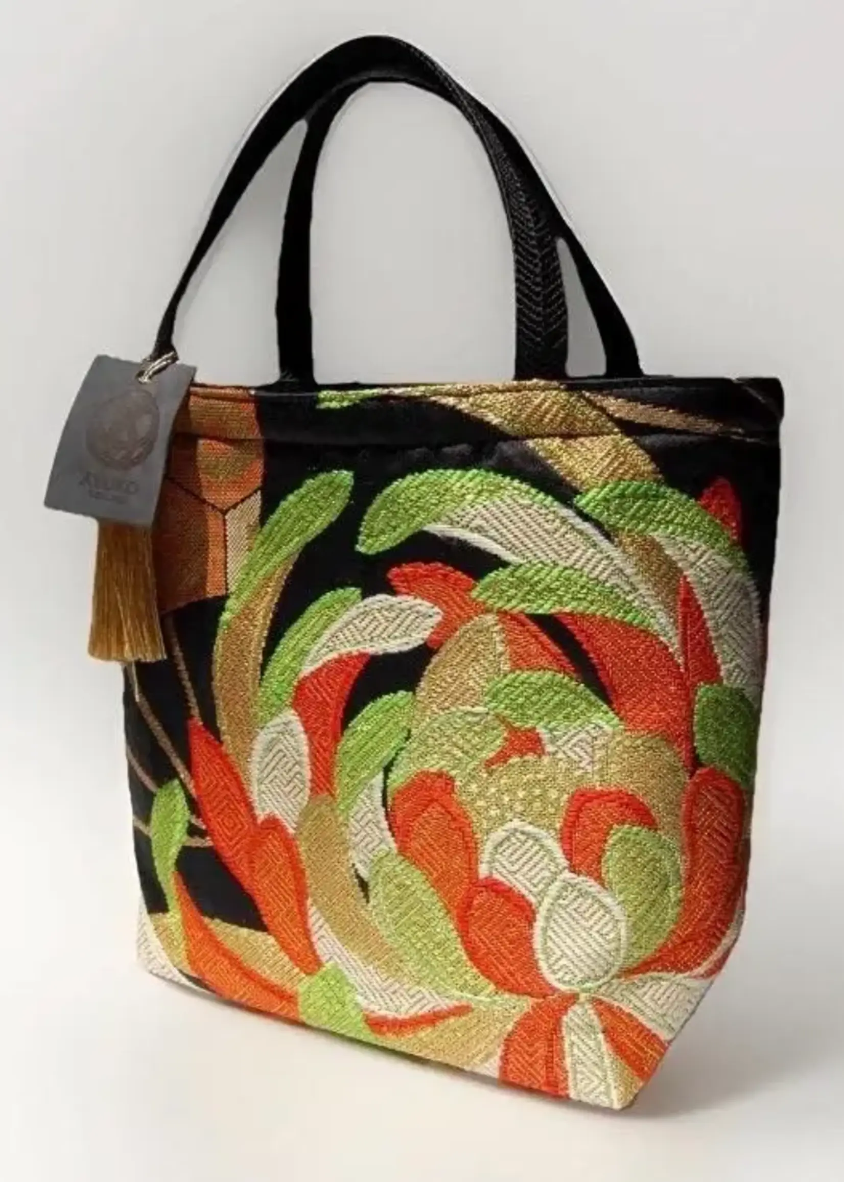 Ayuko Tokyo Handmade Vintage silk Obi tote, Chrysanthemum green, gold & orange
