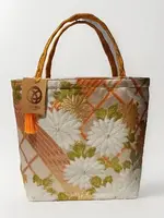 Ayuko Tokyo Handmade vintage Obi silk tote, white, green and gold chrysanthemum