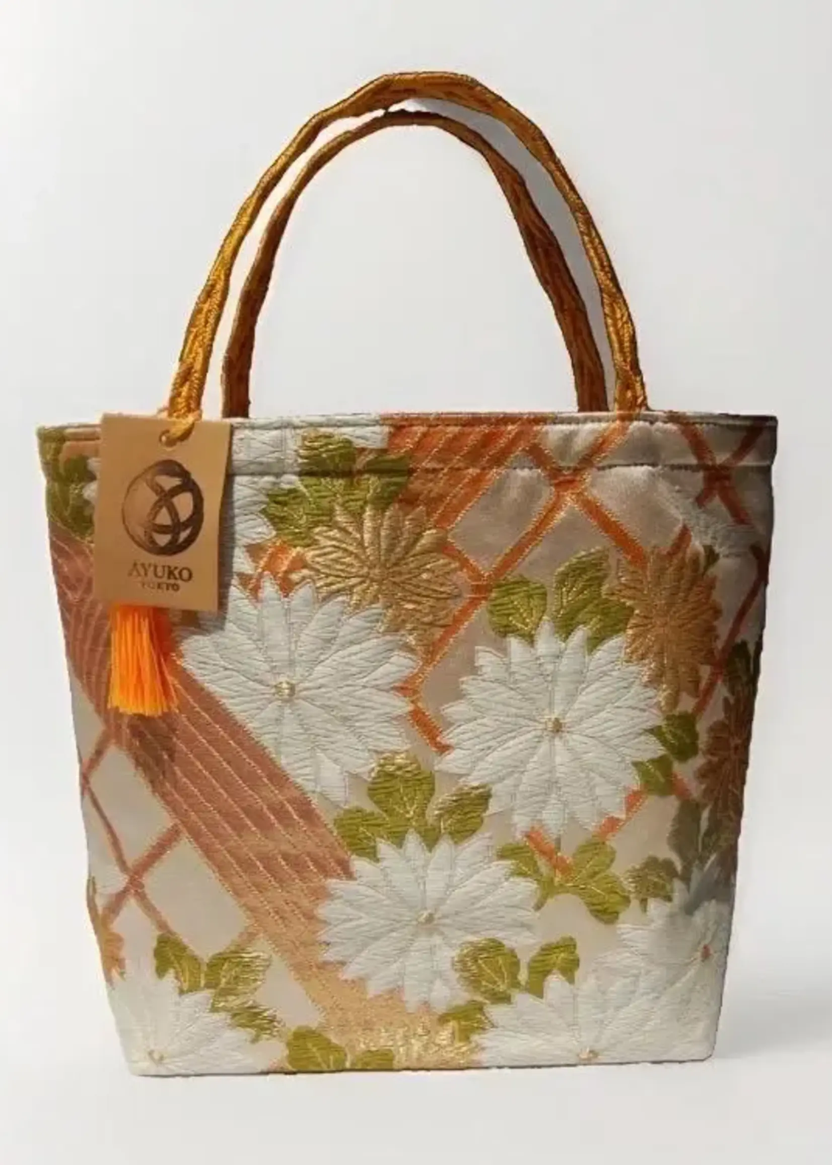 Ayuko Tokyo Handmade vintage Obi silk tote, white, green and gold chrysanthemum