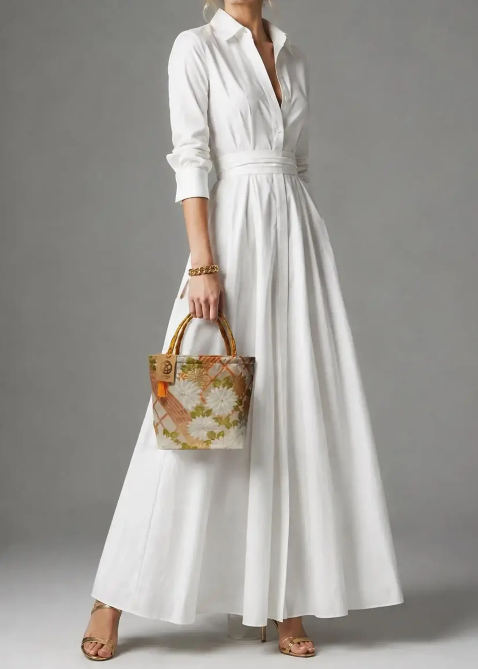 Ayuko Tokyo Handmade vintage Obi silk tote, white, green and gold chrysanthemum